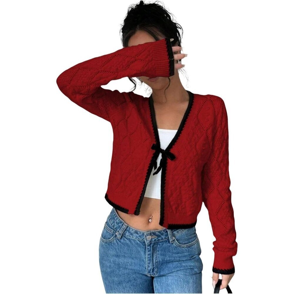 Women's Color Block Tie Front Cardigan Knit Sweater Long Sleeve Open Front